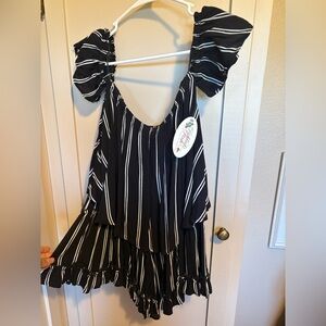NEW Chic Black & White Ruffle Stripe Romper – Flowy, Feminine, and Flattering